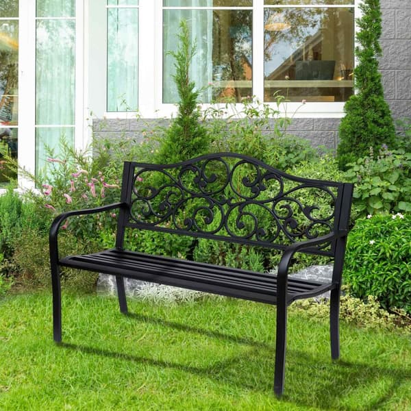 Havebænk 3-personers stålbænk med armlæn lavet af støbejern, sort 127x60x89cm til haveterrasse altan