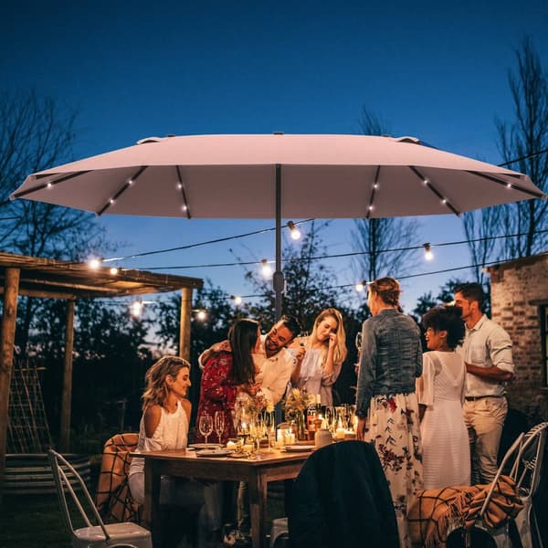Parasol med LED dobbelt parasol 440 x 260 cm haveparasol terrasseparasol stor oval med håndsving og metalramme i kaki