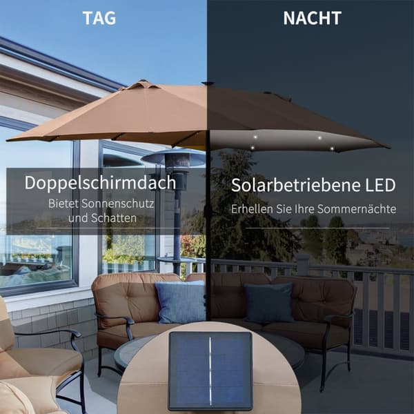 Parasol med LED dobbelt parasol 440 x 260 cm haveparasol terrasseparasol stor oval med håndsving og metalramme i kaki