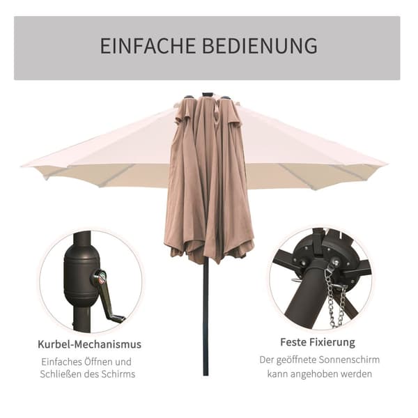 Parasol med LED dobbelt parasol 440 x 260 cm haveparasol terrasseparasol stor oval med håndsving og metalramme i kaki