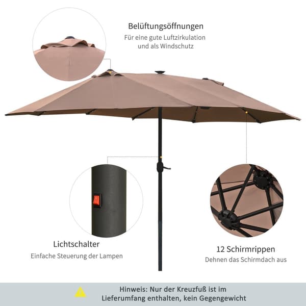 Parasol med LED dobbelt parasol 440 x 260 cm haveparasol terrasseparasol stor oval med håndsving og metalramme i kaki