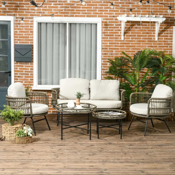 Hagemøbelsett 5 stk rotting sittesett med puter 2 lenestoler 2 sofabord 1 dobbel sofa Balkongmøbler i boho stil for 4 personer aluminium brun