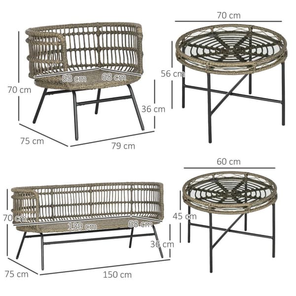 Hagemøbelsett 5 stk rotting sittesett med puter 2 lenestoler 2 sofabord 1 dobbel sofa Balkongmøbler i boho stil for 4 personer aluminium brun