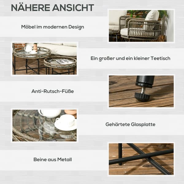 Hagemøbelsett 5 stk rotting sittesett med puter 2 lenestoler 2 sofabord 1 dobbel sofa Balkongmøbler i boho stil for 4 personer aluminium brun