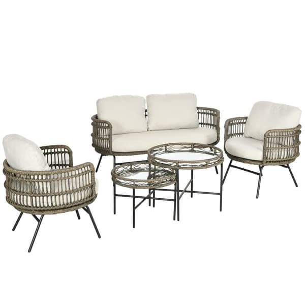 Hagemøbelsett 5 stk rotting sittesett med puter 2 lenestoler 2 sofabord 1 dobbel sofa Balkongmøbler i boho stil for 4 personer aluminium brun