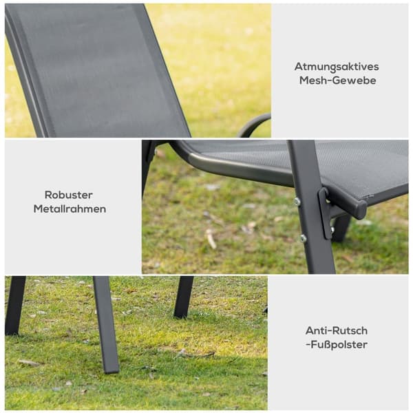 Sett med 2 hagestoler stable stoler med armlener metall netting stoff grå 70x54x90cm for uteplass og hagemøbler
