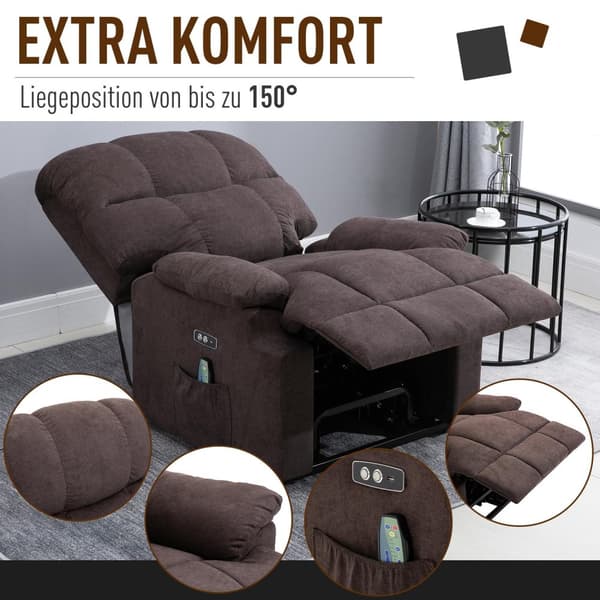 Massasjestol med ståhjelp, avslapningsstol med varmefunksjon, justerbar vinkel, USB fjernkontroll, kort plysj, brun, 83x95x105cm