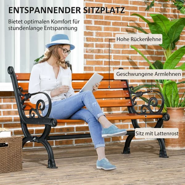 Hagebenk, parkbenk, benk for 2 personer, balkongbenk med armlener, for hage, balkong, værbestandig, tre, 120 x 64 x 79 cm, teak Aosom