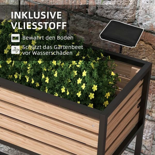 Høybed av tre, 2-etasjes blomsterkasse med hylle, hevet grønnsaksbed med innvendig fleece, urtebed, lysebrun, 83 x 39 x 100 cm