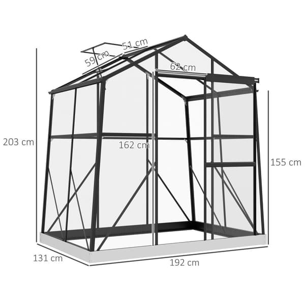 Aluminiumväxthus 2,51 m² med fönster & skjutdörr, svart växthus med grund 131x192x203cm för trädgård