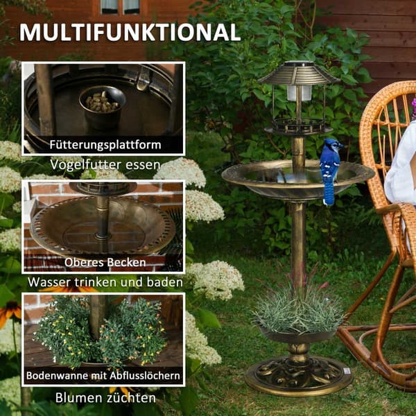 Fuglebad med solcellelys 110 cm Høyde Fuglebad Fuglemater Fugleservant med blomsterbunn for ville fugler Bronse