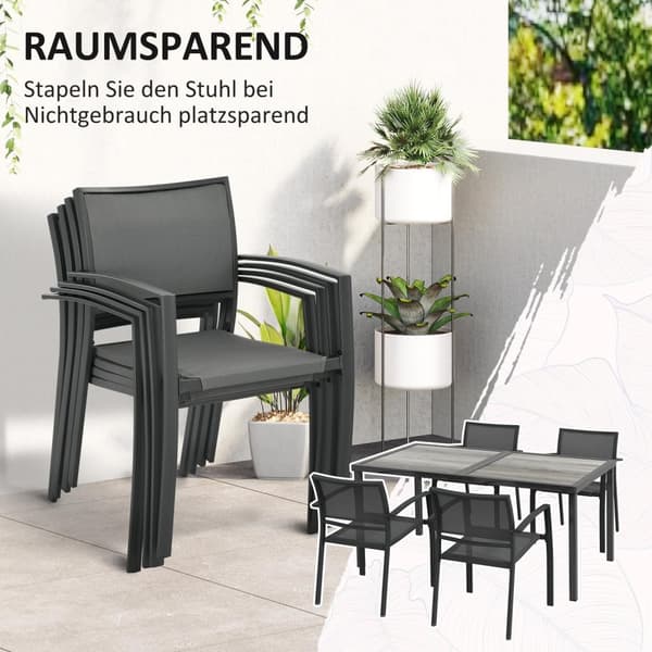 5-delad sittgrupp trädgårdsmöbelset med 1 matbord och 4 stapelbara stolar, trädgårdsmöbler för uteplats, mesh mörkgrå