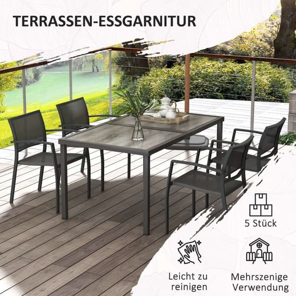 5-delad sittgrupp trädgårdsmöbelset med 1 matbord och 4 stapelbara stolar, trädgårdsmöbler för uteplats, mesh mörkgrå