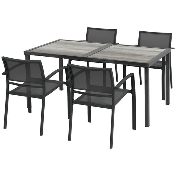 5-delad sittgrupp trädgårdsmöbelset med 1 matbord och 4 stapelbara stolar, trädgårdsmöbler för uteplats, mesh mörkgrå