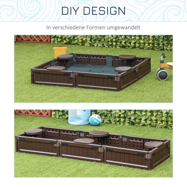 Sandkasse sandkasse 4 personers med bunddug og presenning til børn 3-12 år, HDPE, 123x123x21 cm, brun