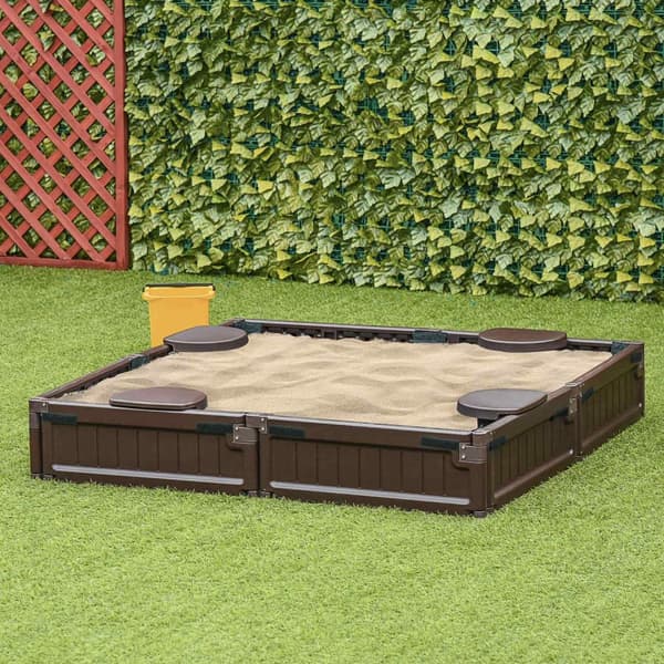 Sandkasse sandkasse 4 personers med bunddug og presenning til børn 3-12 år, HDPE, 123x123x21 cm, brun