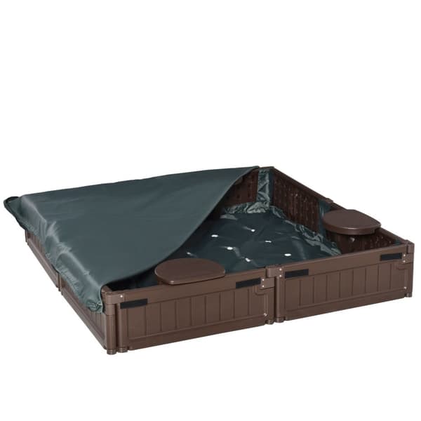 Sandkasse sandkasse 4 personers med bunddug og presenning til børn 3-12 år, HDPE, 123x123x21 cm, brun
