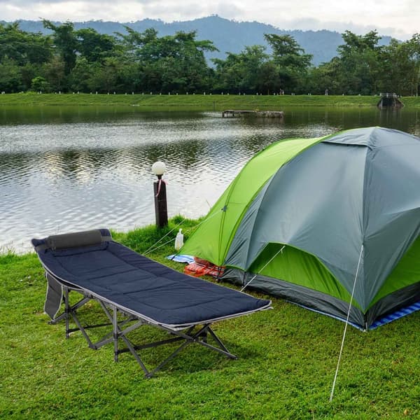 Campingseng sammenleggbar feltseng sammenleggbar seng med pute sidelomme madrass gjesteseng kan holde opptil 150 kg reise utendørs Oxford mørkeblå + g