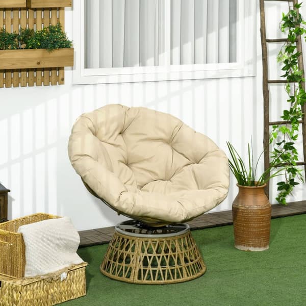 Papasan stol flätad stol rotting snurrstol med dyna 360 graders justerbart fotstöd 85x70x82 cm i khaki för trädgård och vardagsrum