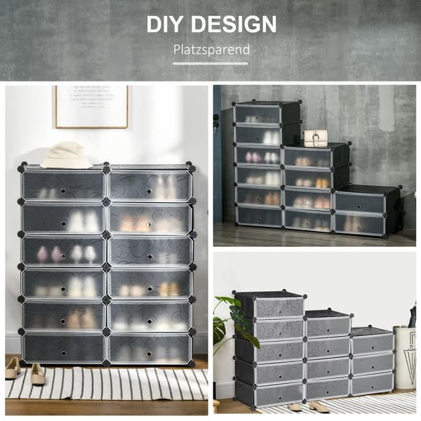 Skoskab med 12 rum, modulopbygget hylde til 12 par sko, DIY plug-in hylde, skoopbevaring til entre, sort, 49 x 37 x 108 cm