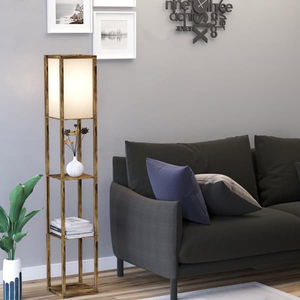 Golvlampa med hyllor, golvlampa för vardagsrum med E27-sockel upp till 40W, sänglampa med lampskärm, golvlampa för sovrum, arbetsrum, kontor, rustik b