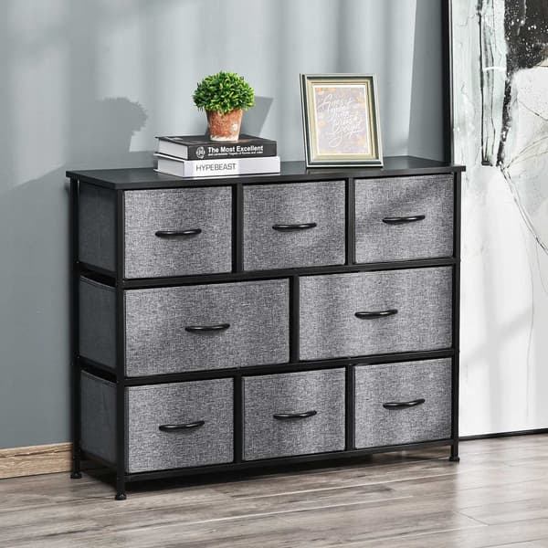 Lipasto, jossa 8 kangaslaatikkoa, säilytyskaappi, lipasto kahvoilla, metallirunko, moderni designkaappi makuuhuoneeseen, olohuoneeseen, tummanharmaa
