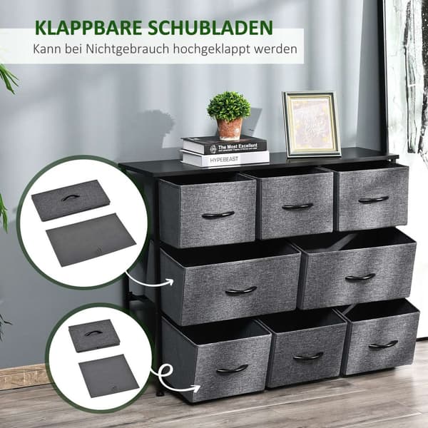 Lipasto, jossa 8 kangaslaatikkoa, säilytyskaappi, lipasto kahvoilla, metallirunko, moderni designkaappi makuuhuoneeseen, olohuoneeseen, tummanharmaa