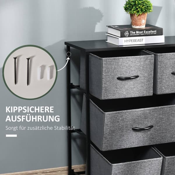 Lipasto, jossa 8 kangaslaatikkoa, säilytyskaappi, lipasto kahvoilla, metallirunko, moderni designkaappi makuuhuoneeseen, olohuoneeseen, tummanharmaa