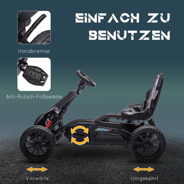 Gokart-pedalbil med håndbremse, justerbart sæde, frem- og bakgear, pedalbil børnekøretøj Kettcar til børn 3-8 år sort Aosom