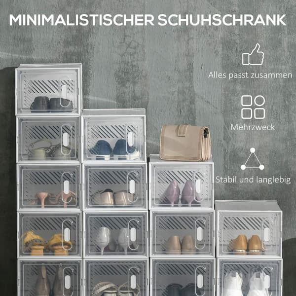 Sæt med 18 modulære skoopbevaringsæsker med gennemsigtige låger - mål 25L x 35W x 19H cm