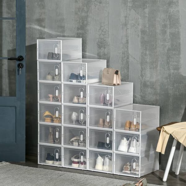 Sæt med 18 modulære skoopbevaringsæsker med gennemsigtige låger - mål 25L x 35W x 19H cm