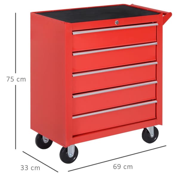 Verkstadsvagn med hjul, verktygsvagn med 5 lådor, låsbar vagn med EVA-matta, mobil monteringsvagn, max. belastning 150 kg, stål, röd