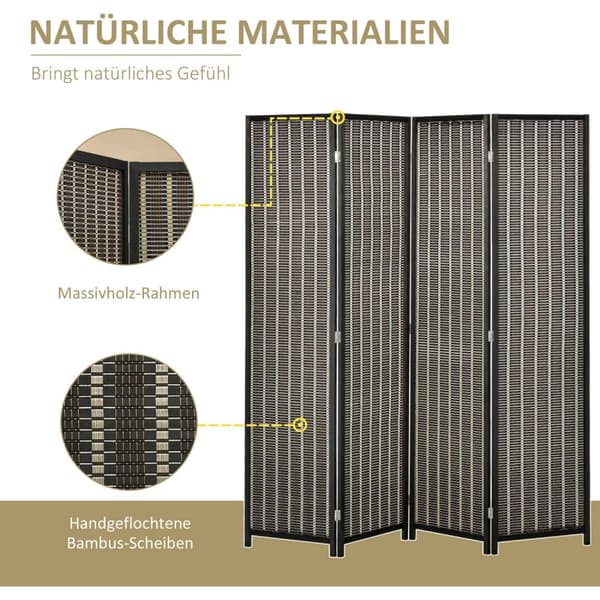 Skjerm 4-delt 180 x 180 cm romdeler laget av bambus Sammenleggbar personvern Skjerm romdeler for stue Brun Aosom