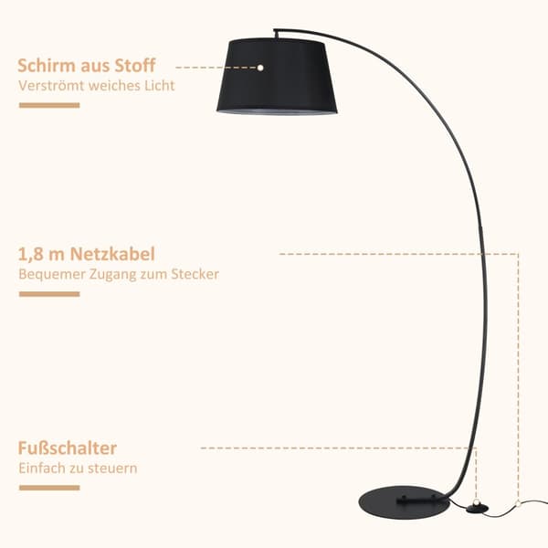 Båglampa golvlampa Arc - Modern båglampa av metall - Golvlampa metall linne svart Aosom