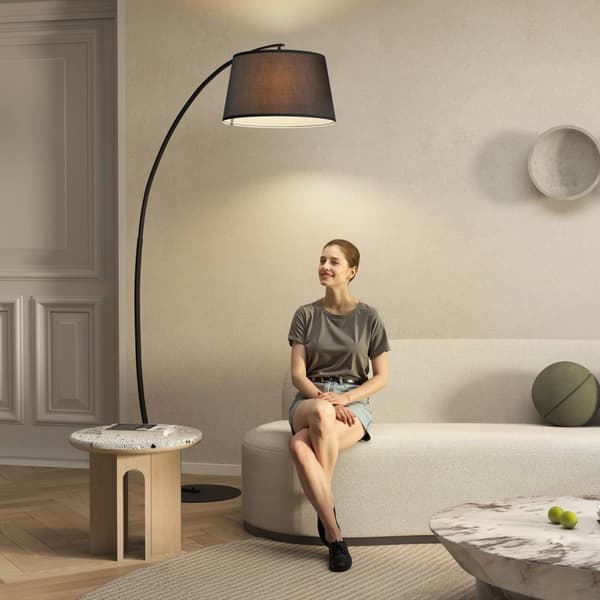 Båglampa golvlampa Arc - Modern båglampa av metall - Golvlampa metall linne svart Aosom