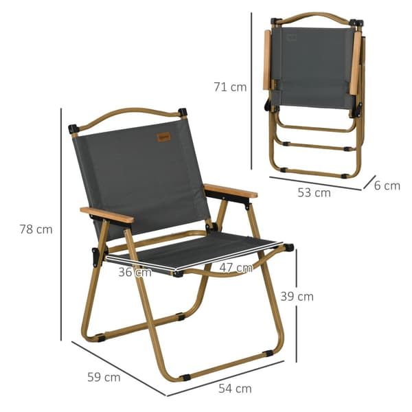 Campingstolesæt med 2 sammenklappelige havestole med stålstel, trælook, klapstole til pool, strand, Oxford, mørkegrå