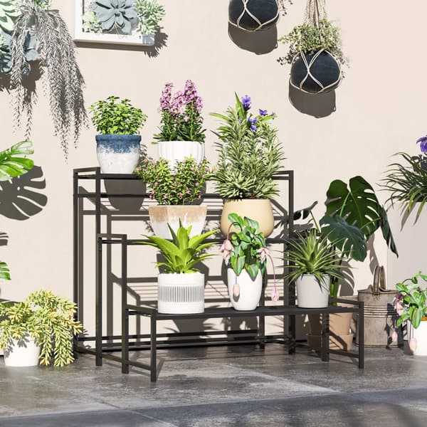 3-etasjes plantestativ, blomsterstativ for innendørs utendørsbruk, metallplantehylle, flerlags blomsterhylle, 66 cm høye blomstertrapper for stue, hag