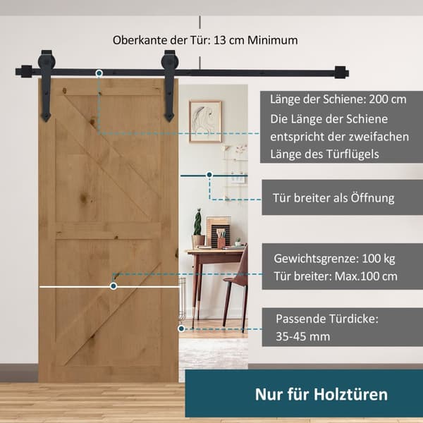 Skydedørsbeslagsæt 200 cm Komplet sæt med skinner, ruller, anti-hop enheder, dørstoppere, kulstofstål skydedørssystem Sort Aosom