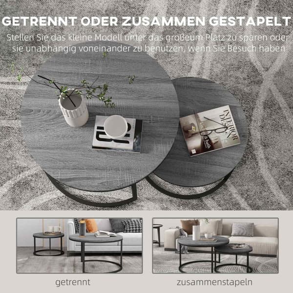 Runt soffbord Set med 2 stapelbara sidobord med metallram, vardagsrumsbord med trälook Soffbord för vardagsrum, sovrum Svart Aosom