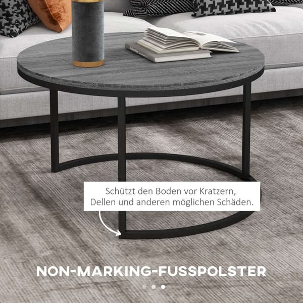 Runt soffbord Set med 2 stapelbara sidobord med metallram, vardagsrumsbord med trälook Soffbord för vardagsrum, sovrum Svart Aosom