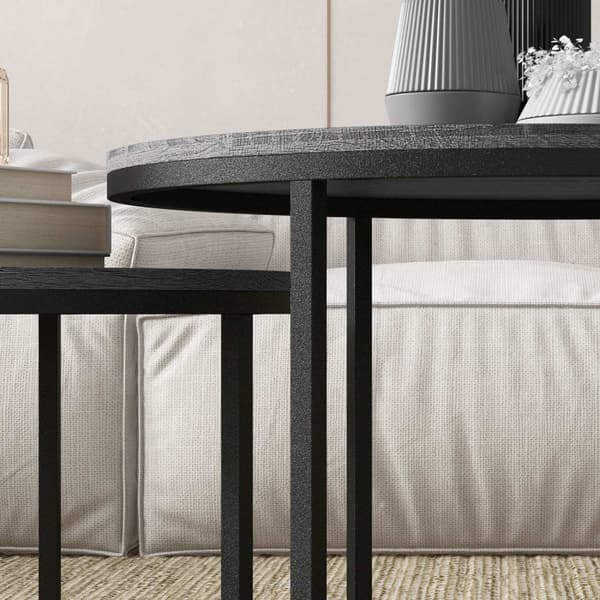 Runt soffbord Set med 2 stapelbara sidobord med metallram, vardagsrumsbord med trälook Soffbord för vardagsrum, sovrum Svart Aosom