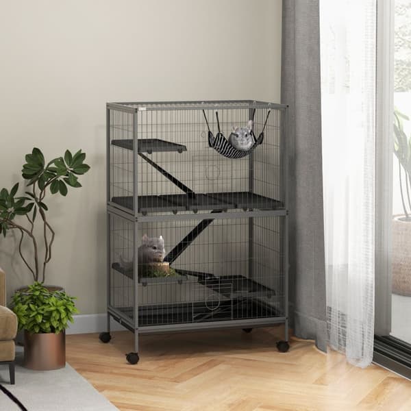 Bur for gnagere multifunksjonelt 4 plattformer 3 ramper 4 dører dim. 80L x 52W x 128H cm Stål Grå Sølv Svart