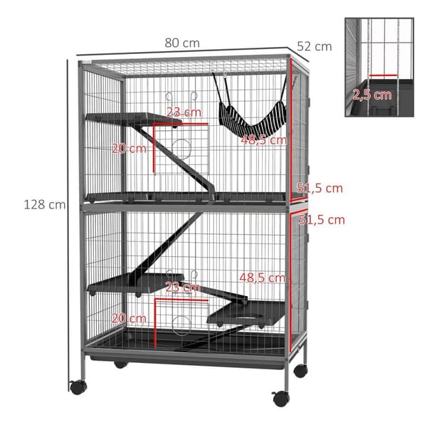 Bur for gnagere multifunksjonelt 4 plattformer 3 ramper 4 dører dim. 80L x 52W x 128H cm Stål Grå Sølv Svart