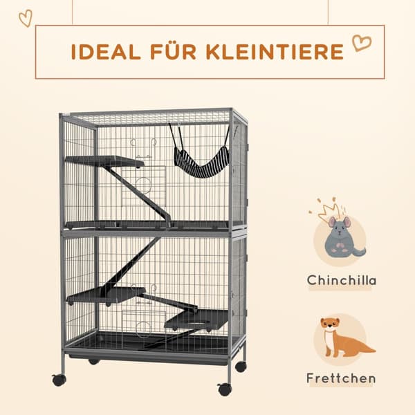 Bur for gnagere multifunksjonelt 4 plattformer 3 ramper 4 dører dim. 80L x 52W x 128H cm Stål Grå Sølv Svart