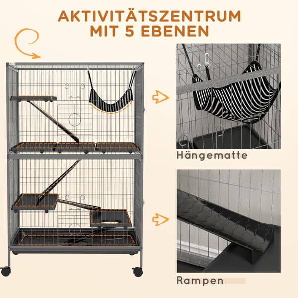 Bur for gnagere multifunksjonelt 4 plattformer 3 ramper 4 dører dim. 80L x 52W x 128H cm Stål Grå Sølv Svart
