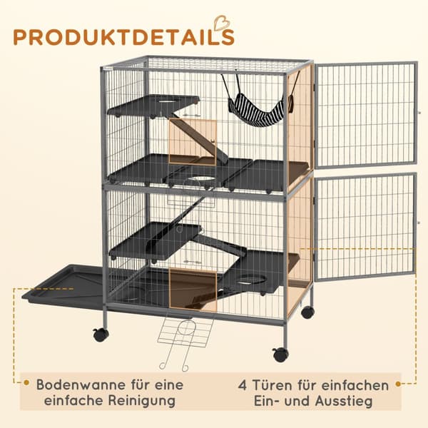 Bur for gnagere multifunksjonelt 4 plattformer 3 ramper 4 dører dim. 80L x 52W x 128H cm Stål Grå Sølv Svart