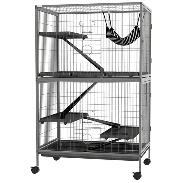 Bur til gnavere multifunktionel 4 platforme 3 ramper 4 døre dim. 80L x 52W x 128H cm Stål Grå Sølv Sort