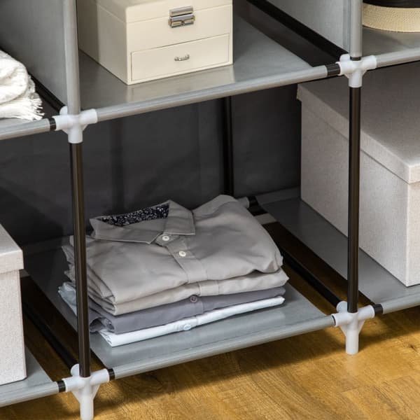 Stofgarderobe, garderobe med bøjlestang, 8 plan, foldegarderobe, foldbar garderobe til soveværelse, entre, fiberdug, mørkegrå, 125 x 43 x 162,5 cm