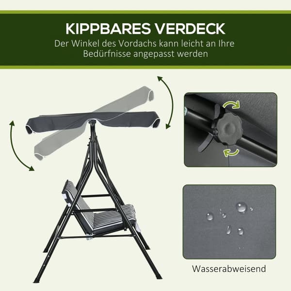 Outsuuny Hollywood-huske med sittepute, 3-seters hagehuske med justerbar solseil, huskebenkbelastning opptil 240 kg, for hage, terrasse, 172 x 110 x 1