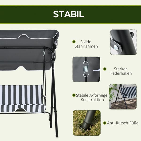 Outsuuny Hollywood-huske med sittepute, 3-seters hagehuske med justerbar solseil, huskebenkbelastning opptil 240 kg, for hage, terrasse, 172 x 110 x 1